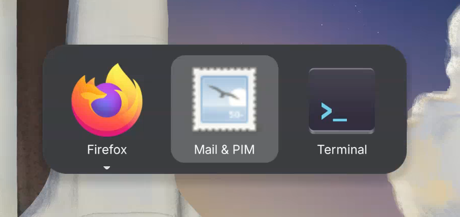 Screen Capture of Alt+Tab Menu showing Mail and PIM separate from Terminal