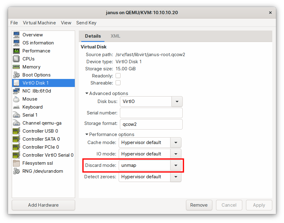 Screenshot of VirtIO Disk Settings